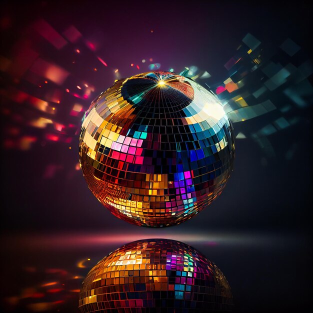 Glinsterende Disco Ball in de lucht op Disco achtergrond Albumcover Generatieve AI