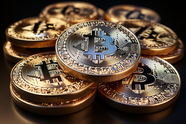 Glinsterende gouden bitcoin-munten schitteren op een ongerepte witte achtergrond