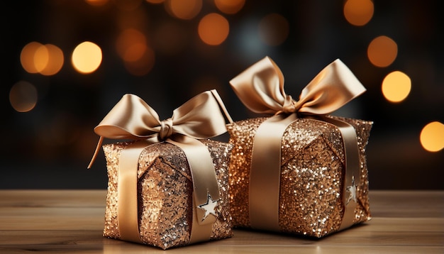 Glinsterende gouden doos gewikkeld in glitter een geschenk van liefde gegenereerd door AI