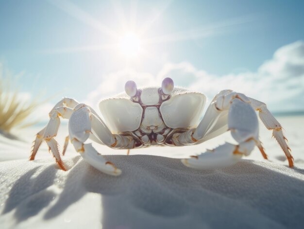 Foto glinsterende krab schijnt in het zonlicht op het witte zandstrand