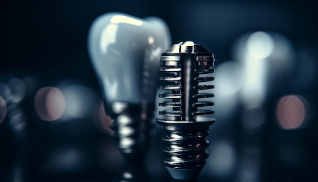 Glinsterende metalen elektrische lamp verlicht het donkere podium met een efficiëntie gegenereerd door kunstmatige intelligentie