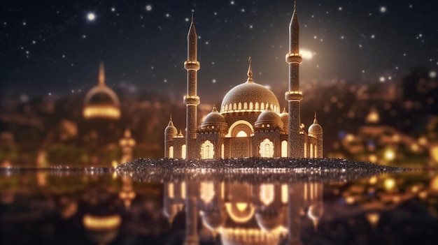 Glinsterende moskee onder de maan Een prachtige moskee glinstert onder de betoverende gloed