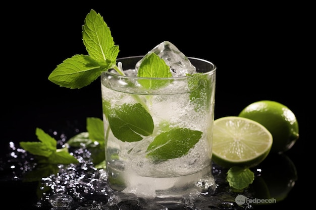 Glinsterende munt mojito cocktail met levendige limoensnijden en stro geïsoleerd op een witte achtergrond