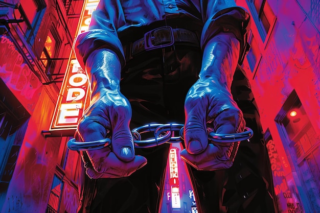 The glint of steel handcuffs reflects the harsh glow of a neon sign as a crooked cop tightens his grip on a hapless suspect his badge tarnished and his morals long since compromised