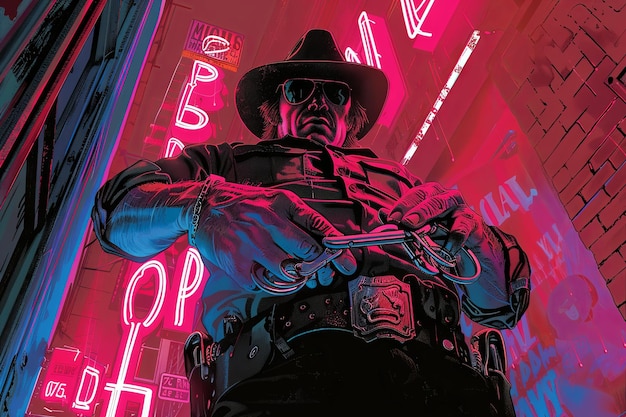 Photo the glint of steel handcuffs reflects the harsh glow of a neon sign as a crooked cop tightens his grip on a hapless suspect his badge tarnished and his morals long since compromised