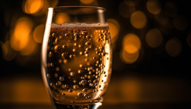 Glistening champagne flute reflects golden celebration bubbles generated by AI