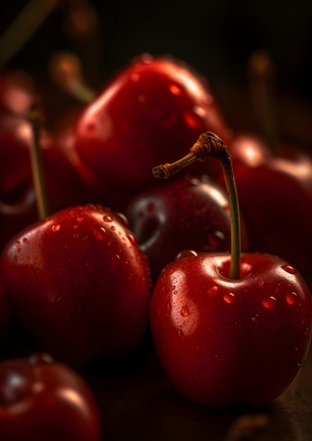 Photo glistening cherries in the dark