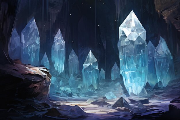 Glistening crystal golems protecting hidden treasures in icy caves generative ai