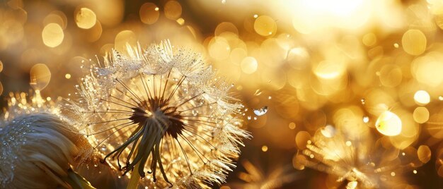 Photo glistening dew on dandelion seeds against a magical backdrop of golden bokeh