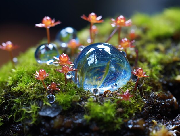 写真 苔の上に輝く露の滴