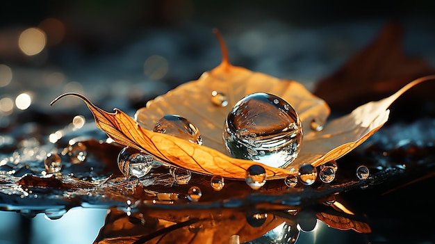 Photo glistening droplets fallen leaf in shiny water