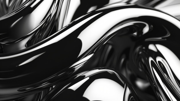 Photo glistening fluid waves in black and white hues chromatic backdrop silvercolored glossy metal surface