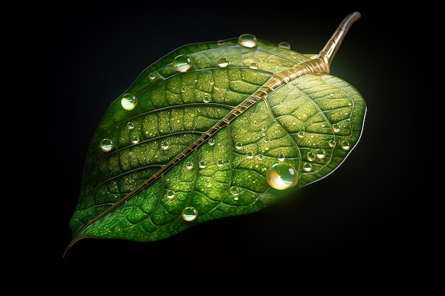 Glistening Foliage Luminous Leaf with Water Droplet on Top Illuminated