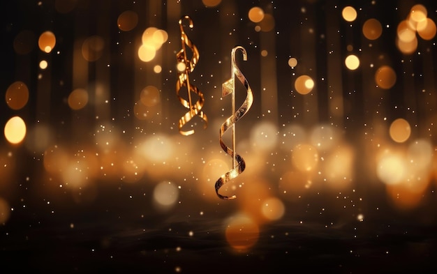 Glistening gold lights providing a stunning background for a musical note