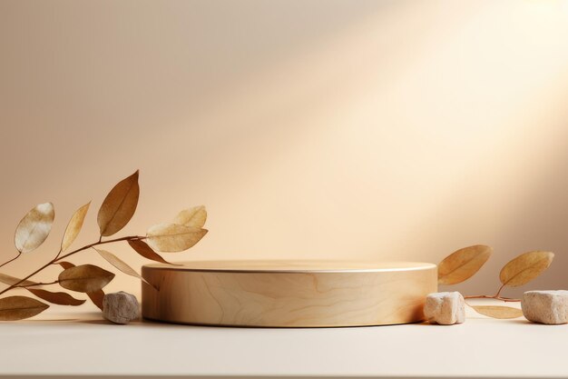Glistening gold stones a minimalistic product presentation with wood ring and leaf twig accents