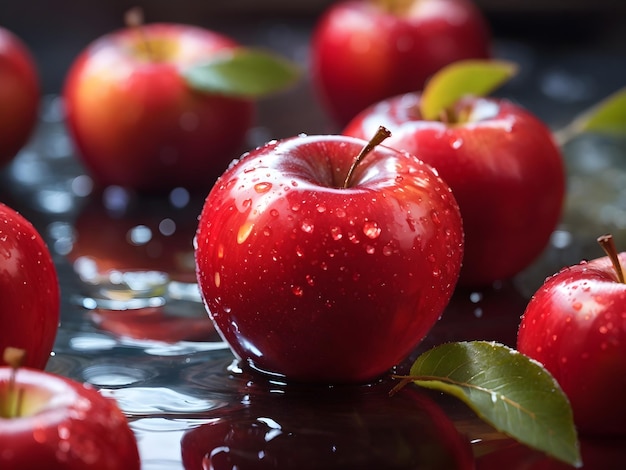 Сверкающее совершенство Красное яблоко с кожей, поцелованной росой