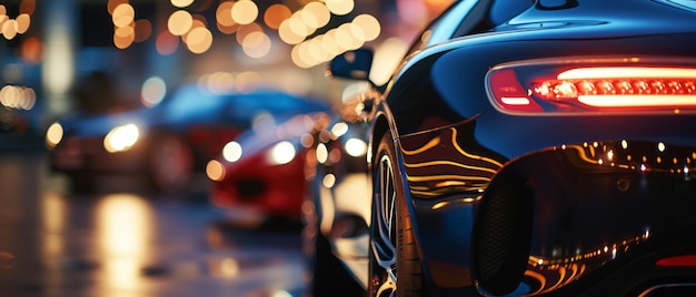 Glistening Night Cityscape with Luxurious Sports Cars Illuminated Under Neon Lights