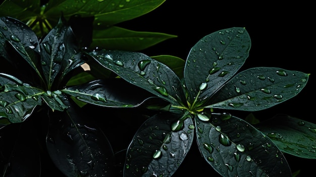 Glistening raindrops enhance the appearance of dark leaves against a deep black backdrop