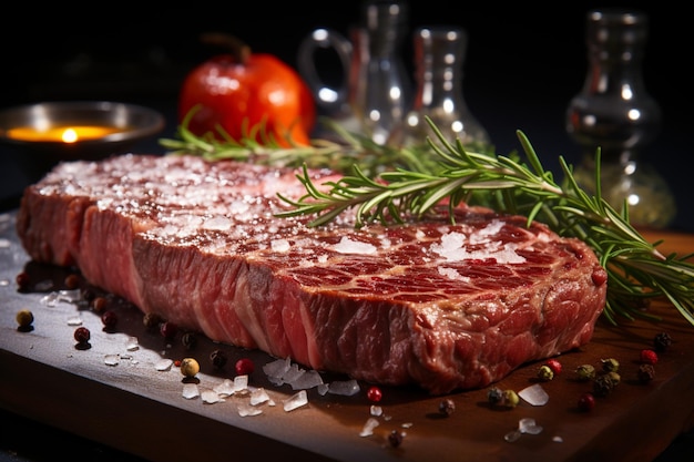 Glistening rib eye adorned with fragrant spices a chefs masterpiece