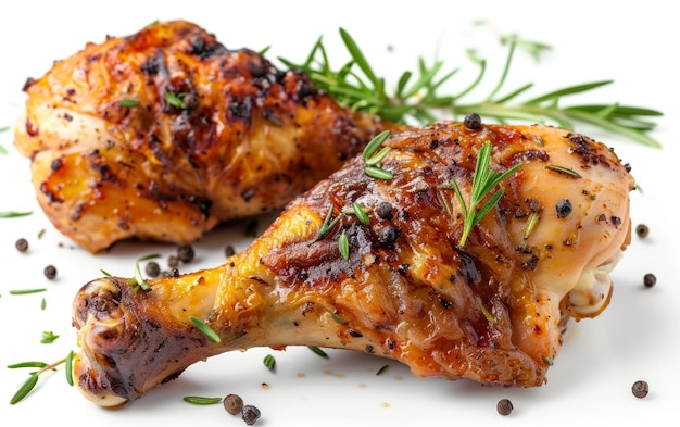 Glistening roasted chicken drumsticks seasoned with black pepper and fresh rosemary on a white background