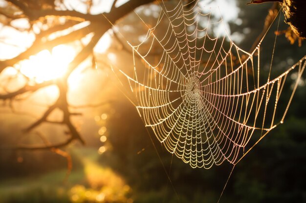 Glistening spiderweb capturing nature's delicate beauty in sunlight
