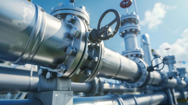 Glistening sunlight reflects off industrial steel pipes and valves under a clear blue sky