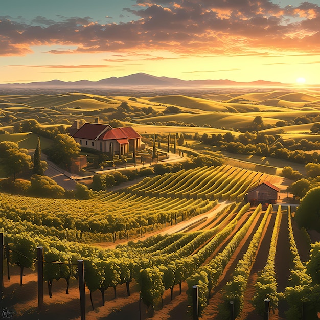 Glistening Sunset over Bountiful Vineyard