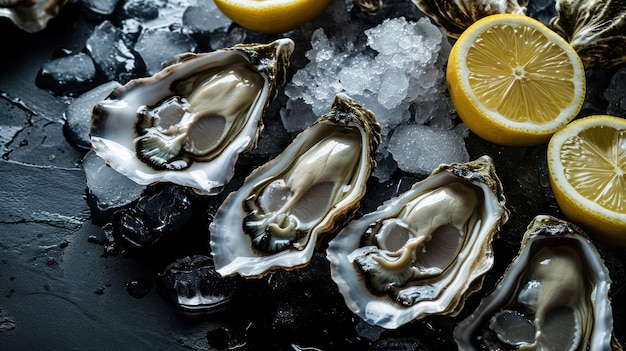 Glistening Treasures A Captivating Presentation of Briny Oysters on Ice Temptingly Adorned With