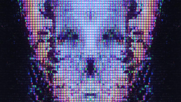 Glitch art cyber noise neon light pixel alien face