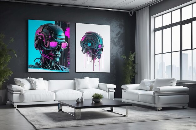 Photo glitch art cyberpunk living room mockup customizable design