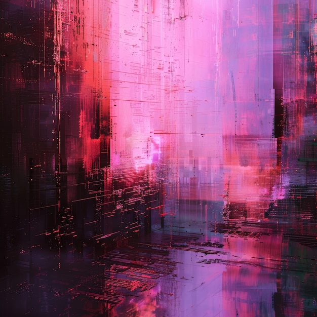 Foto glitch art met cyberpunk vibes over metalen texturen verzacht door subtiele schaduwen