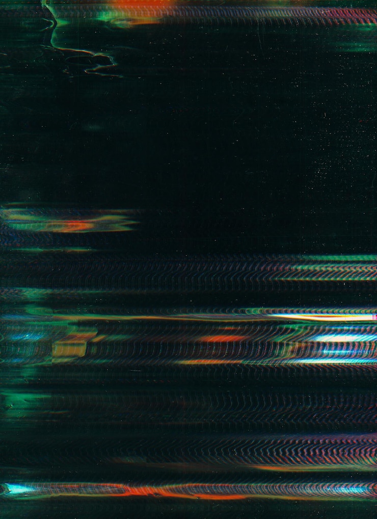 Photo glitch noise digital distortion black green orange color fuzzy stripe frequency wave broken vhs