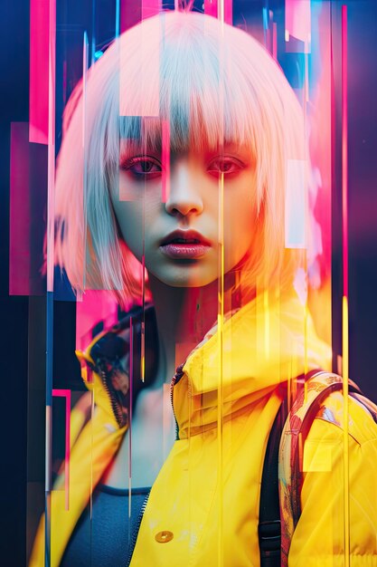 Glitch portrait asian youth modern clothes vibrant colors white hair contrasting beautifully