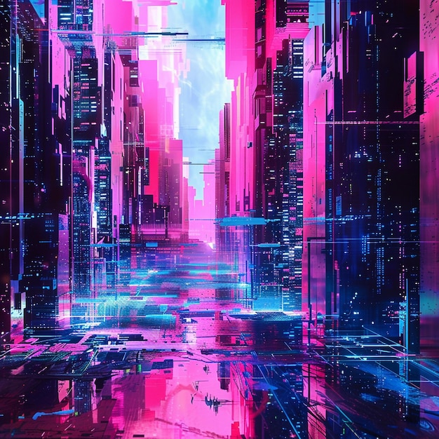 Photo glitched cyber city with neon lights background
