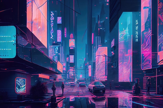 A glitchy digital cityscape at night with neon signs and holographic billboards illuminating the streets