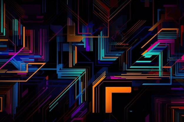 Glitchy pattern of abstract shapes and colors on black background created with generative ai