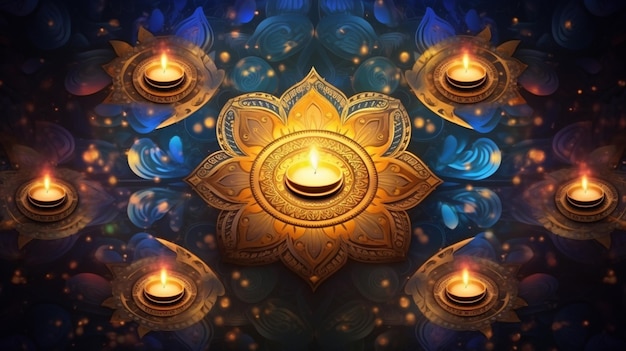 glitter achtergrond verlichte olielampen en bloemenmandala Gelukkige Diwali wenskaartuitnodiging