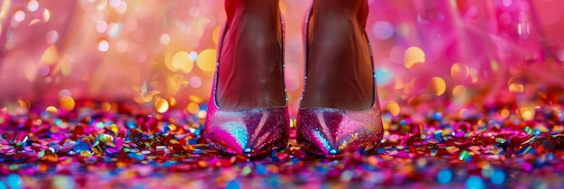Glitter High Heels on Colorful Confetti Background Glamour and Celebration