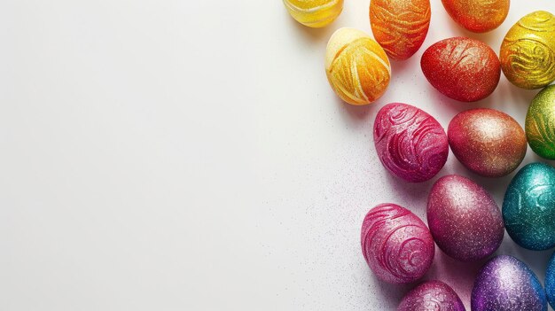 Glitter sparkling multicolored Easter eggs on a white background copyspace