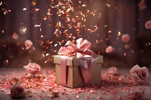 A glitteradorned gift box with a delicate pink ribbon is surrounded by a shower of sparkling confetti evoking a festive and celebratory atmosphere