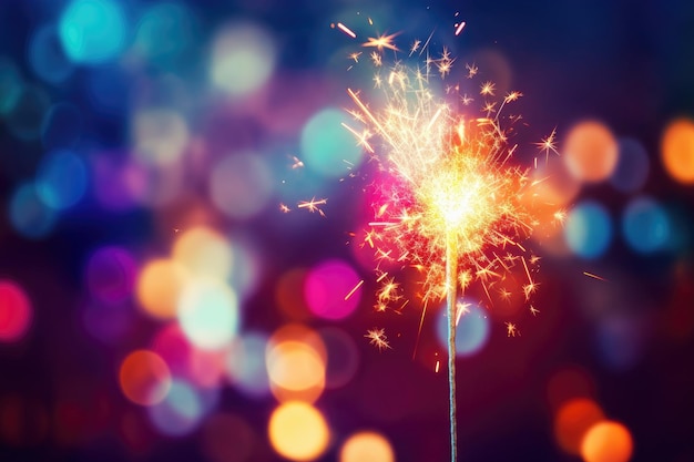 Glittering burning sparkler on colorful bokeh background