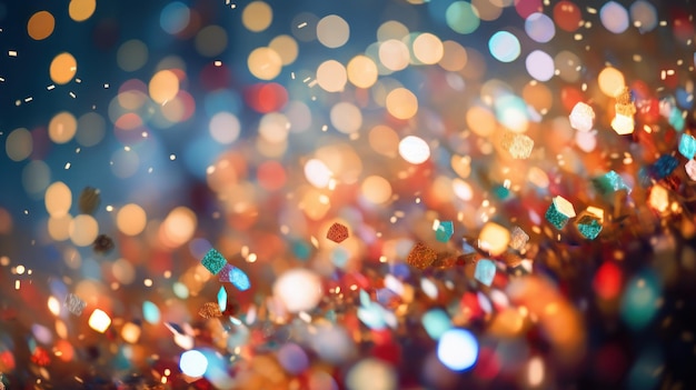 Glittering confetti falling against a bokeh light display Sparkling silver and vibrant colors capturing the essence of celebration and joy