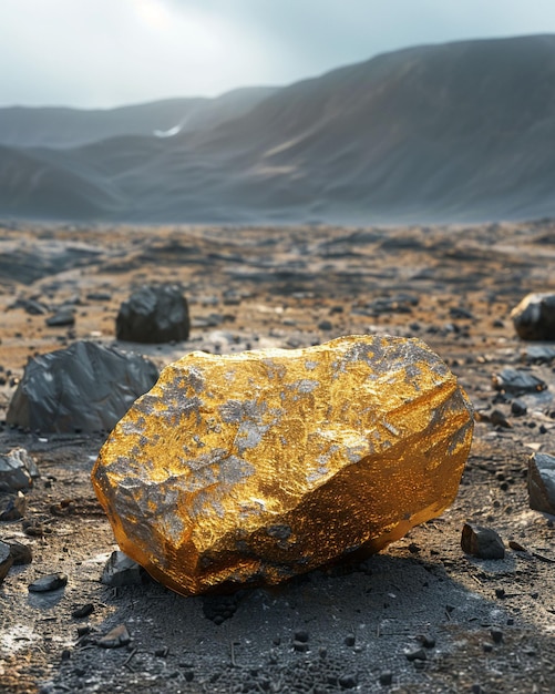 Glittering gold nugget symbol of wealth and destruction Set against a barren landscape scarred by mining