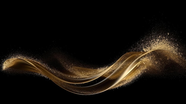 Блестящие золотые абстрактные воздушные краски волна черный фон обои Generative AI