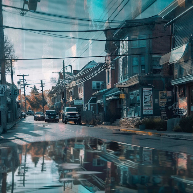 Glittering psychedelic street with reflections