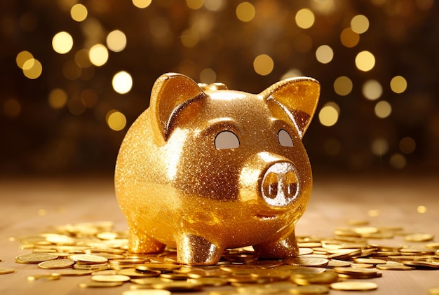 Glittery golden Piggy bank on shiny background with coins Generative AI