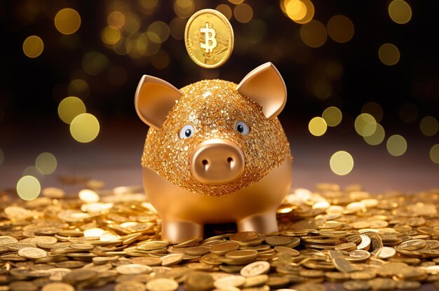 Glittery golden Piggy bank on shiny background with coins Wealthy and rich Generative AI