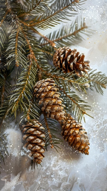 Glittery Pine Cones and Fir Branches on Snowy Background