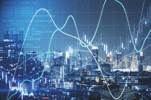 Globaal beursconcept met digitaal gloeiend financieel diagram op de stadsachtergrond van de nachtmegapolis