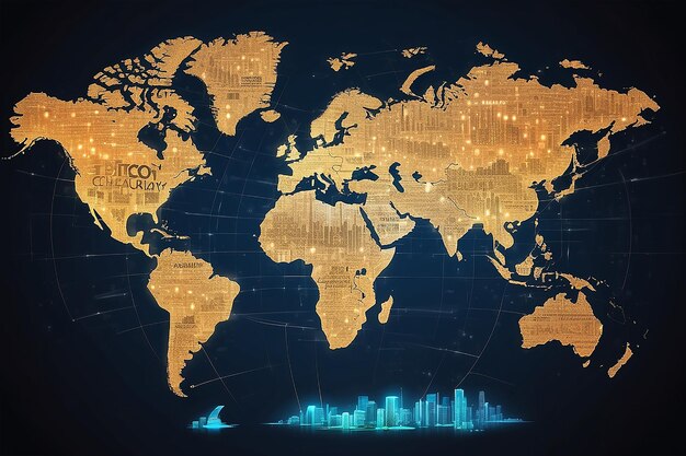 글로벌 비트코인 암호화폐 블록체인 기술 세계 지도 배경 일러스트레이션